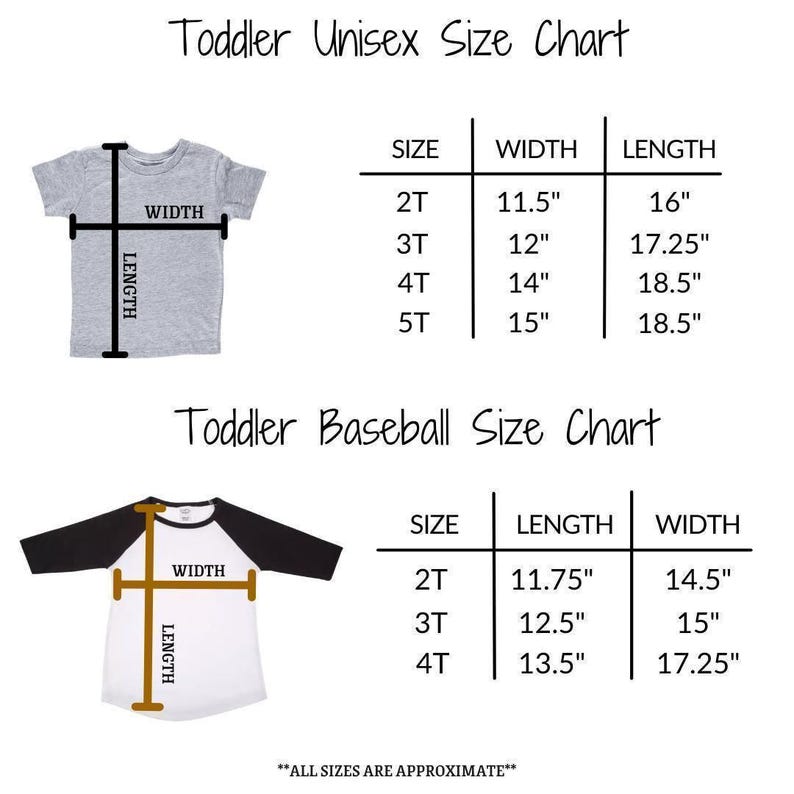 two size charts for children's clothing: a toddler size chart for shirts and a toddler baseball size chart for shirts. The charts provide measurements for different age groups, including height and length, to help parents and caregivers choose the appropriate size for their child.
