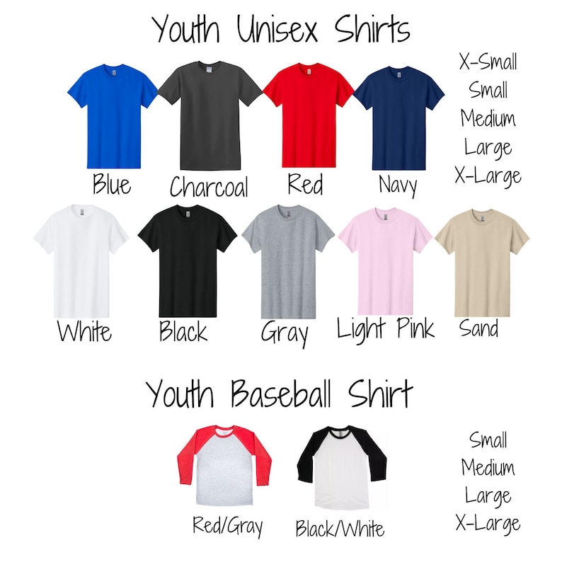 a collection of youth unisex t-shirts in various colors and sizes, including blue, charcoal, red, navy, white, black, gray, light pink, and sand. The t-shirts are arranged in a grid format, with each row representing a different color and size, and the columns representing different types of t-shirts. The image also includes text that provides information about the t-shirts, such as their colors and sizes, as well as the types of shirts they are part of, such as youth baseball shirts.