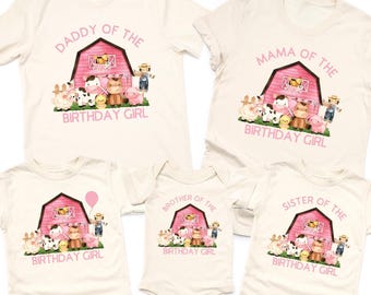 Pink Farm Barn Birthday Girl Shirt, Pink Farm Animals Birthday Shirt, Girls Pink Barn Party T-Shirts, Mama Farm Shirt, Daddy Farm Shirt