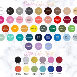 a color chart with various shades of colors, including white, black, grey, gold, brown, coral, bright red, maroon, cream, and orange soda. The chart also includes a glittery color chart with glittery colors like silver, gold, confetti, flamingo, red, maroon, and purple.