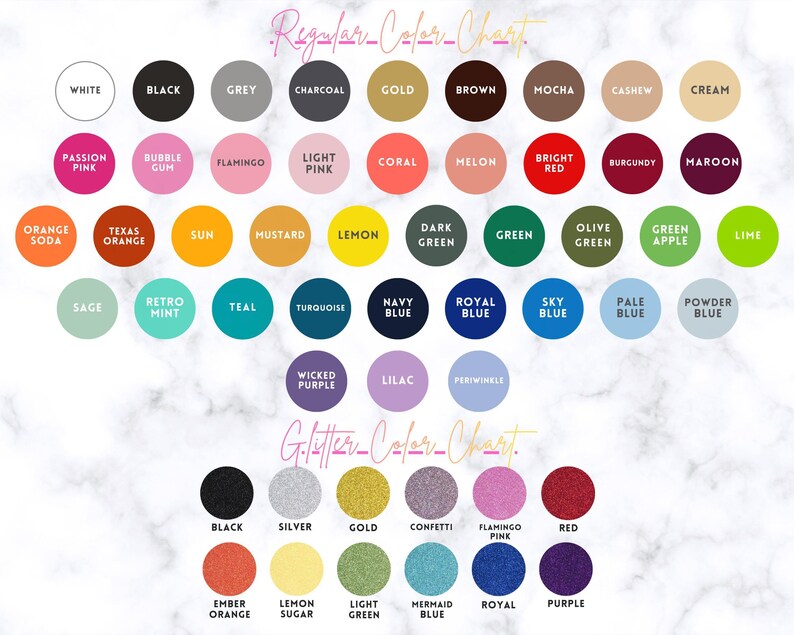 a color chart with various shades of colors, including white, black, grey, gold, brown, coral, bright red, maroon, cream, and orange soda. The chart also includes a glittery color chart with glittery colors like silver, gold, confetti, flamingo, red, maroon, and purple.