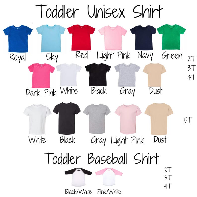 a variety of unisex t-shirt designs in different colors and styles, including a toddler baseball shirt.
