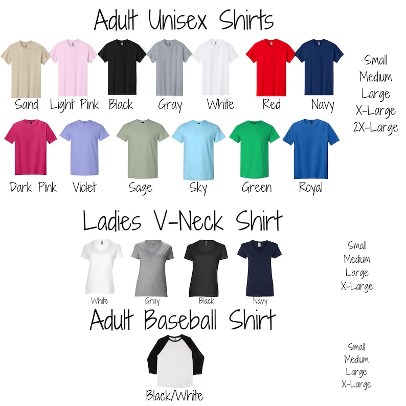 a variety of adult unisex shirts in different colors and sizes, including black, white, navy, red, and green. The shirts are arranged in a grid format, with each row representing a different color and size, and the columns representing different types of shirts.