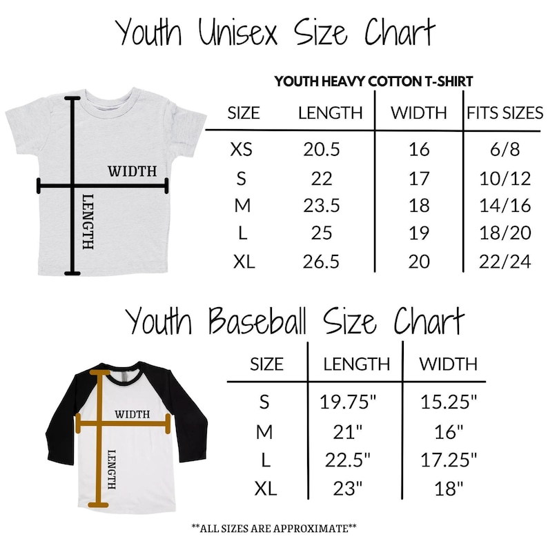 a youth size chart for t-shirts, including measurements for different age groups. The chart provides the size, length, and width for various age groups, such as "XS", "S", "M", "L", "XL", and "XXL". The chart also includes a youth baseball size chart with measurements for different age groups, such as "S", "M", "L", "XL", and "XXL". The chart is designed to help parents and caregivers determine the appropriate size for a child based on their age and height.