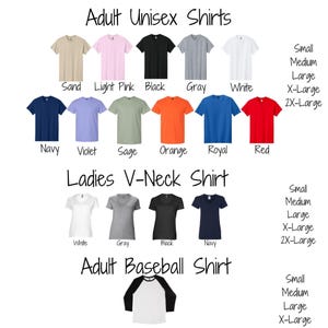 a variety of adult unisex shirts in different colors and sizes, including black, white, navy, red, and green. The shirts are arranged in a grid format, with each row representing a different color and size, and the columns representing different types of shirts.