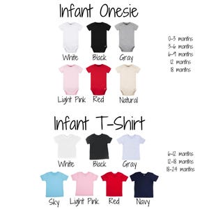 a collection of baby clothing items, including onesies and t-shirts, with different colors and designs. The text provides information about the age range of the clothing items, such as "Infant Onesie" and "Infant T-Shirt", along with the corresponding color options and age range for each item.