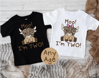 Holy Cow Birthday Shirt, Moo! I&#39;m TWO! Birthday Shirt, Highland Cow Birthday Shirt, Western Birthday Shirt, Farm Birthday Shirt