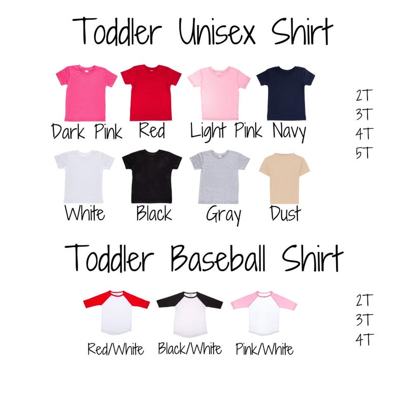a collection of children's shirts in various colors and styles, including a toddler baseball shirt.