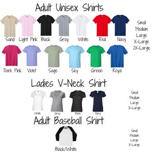 a variety of adult unisex shirts in different colors and sizes, including black, white, navy, red, and green. The shirts are arranged in a grid format, with each row representing a different color and size, and the columns representing different types of shirts.