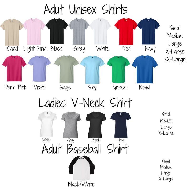 a variety of adult unisex shirts in different colors and sizes, including black, white, navy, red, and green. The shirts are arranged in a grid format, with each row representing a different color and size, and the columns representing different types of shirts.
