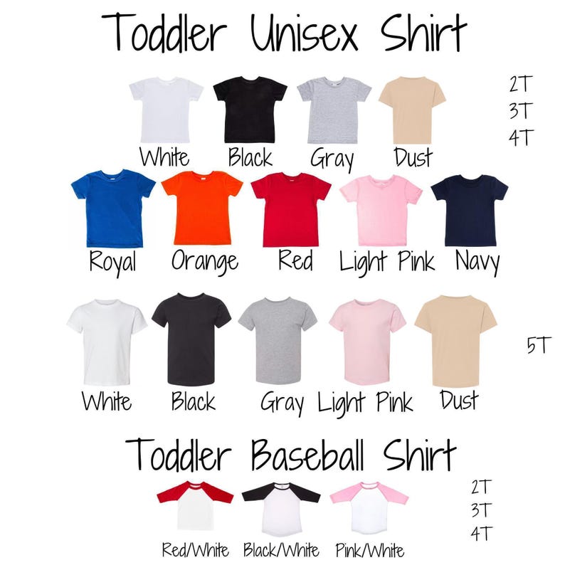 a variety of unisex t-shirt designs in different colors and styles, including a toddler baseball shirt.
