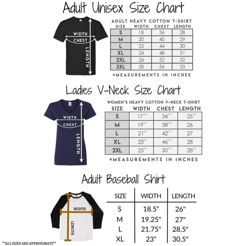 three size charts for adult clothing items: a black t-shirt, a navy blue V-neck t-shirt, and an adult baseball shirt. The charts provide measurements in inches for each item, including chest, waist, and length.