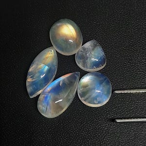 Fire Rainbow Moonstone Gemstone, Wholesale White Rainbow Moonstone Cabochon Lot, Natural Blue Moonstone Lot, 5 pieces lot For Making Jewelry