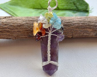 Amethyst 7chakra treel Pencil Point Pendant Necklace: Silver Shine Gemstone