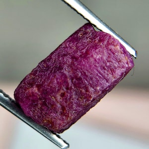 May include: A raw, unpolished ruby gemstone with a deep magenta and purple hue. The stone has a rough, textured surface with natural crystalline facets and irregular edges, held securely between the metal tips of a pair of silver tweezers.