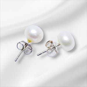 Classic White Freshwater Pearl Stud Earrings | 925 Sterling Silver Post Earrings | Minimalist Bridal Jewelry 8 mm round pearls set