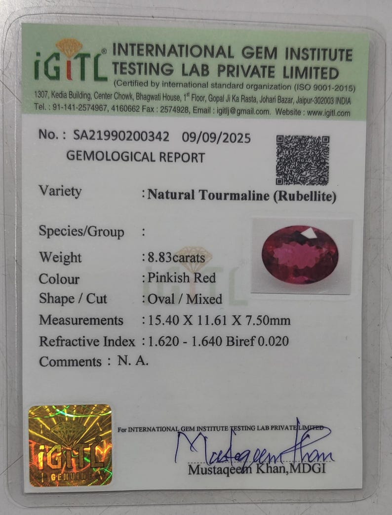 Gema de turmalina rubelita rosa-avermelhada, 8,83 quilates, oval, originária do Congo. imagem 9