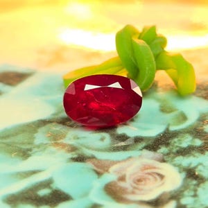 Puede incluir: Una vibrante gema de rubí de talla ovalada, de un tono rojo intenso. La gema se presenta sobre un fondo de follaje verde y una superficie con estampado floral. Las facetas del rubí reflejan la luz, mostrando su brillo.