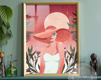 Fashion Model Wall Art, Vogue Beautiful Woman Wall Decor, Vogue Wall Art Poster, Botanical Illustration Art Print, Boho Woman Print