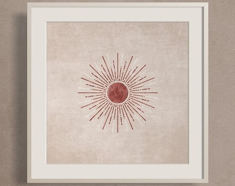 May include: A framed print with a minimalist design featuring a red sun with white rays on a beige background. The text "Boho New Art" and "Emel Tunaboylu" is printed below the image.