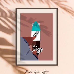 Skateboard Wandkunst, Junge Mädchen Wanddekoration, Skateboard Poster, Moderne Frau Poster, Terracotta Wandkunst, Feministische Kunst, zeitgenössische Kunst