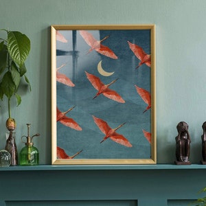 Fliegende Vögel und Mond Kunstdruck, Vintage Japanisches Poster, Wohnzimmer Wand dekor, Rosa Vögel, Digitaler Download, Kinderzimmer Storch Wandkunst