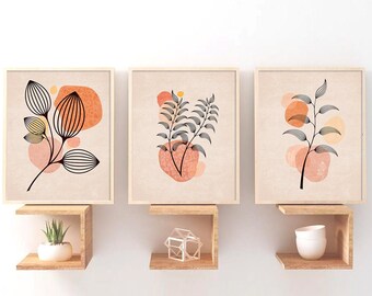 Flower Line Art Digital Print Set of 3, Neutral Floral Digital Wall Art, Botanical Abstract  Digital Download Wall Art, Boho Wall Decor