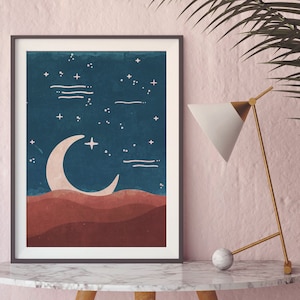 Modern boho moon art, Desert Night Terracotta Art, Nursery Abstract Stars Poster, Contemporary burnt orange art print, boho moon wall art.