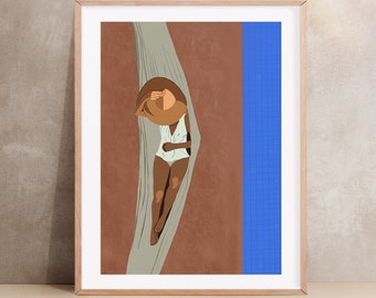 Pool and Relaxing Woman Wall Art, Female Illustration Digital Art, Boho Girl Wall Decor, Minimalist Art Print, Tropical, Beach Poster