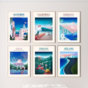 Reise Poster 6er Set, Santorini Wandkunst, Toskana Wanddrucke, Boho Kunstdruck Set, Galerie Wandkunst Set, Reise Poster Set, Surf Poster