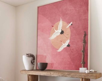 Flying Cranes, Pink sky and Sun Art Print, Boho Birds Poster, Living Room Wall Decor, Exotic Birds, Digital Download, Nursery Stork Wall Art
