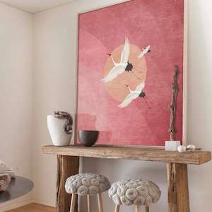 Grúas voladoras, cielo rosa y sun art impresión, Boho Pájaros Cartel, Sala de decoración de la pared de la sala de estar, Aves exóticas, Descarga digital, Vivero Stork pared arte