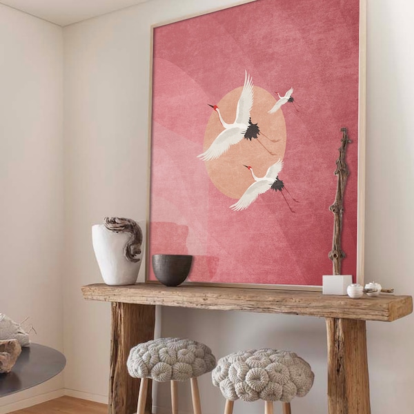 Flying Cranes, Pink sky and Sun Art Print, Boho Birds Poster, Living Room Wall Decor, Exotic Birds, Digital Download, Nursery Stork Wall Art