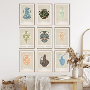 Conjunto de 9 patrones de William Morris, arte de jarrón boho hecho a mano, póster de impresión digital, arte de mediados de siglo, arte de pared de galería, póster de arte floral boho