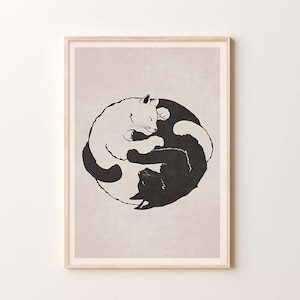 Yin and Yang Cats, Cat Digital Printable Wall Art, Boho Cat Minimal Print, Cat Illustration, Instant Printable Art, Boho Minimalist Wall Art