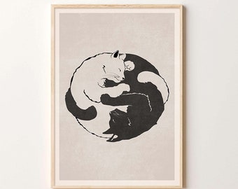Yin and Yang Cats, Cat Digital Printable Wall Art, Boho Cat Minimal Print, Cat Illustration, Instant Printable Art, Boho Minimalist Wall Art