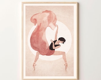 Op de afbeelding: Een digitale illustratie van een ballerina in een zwart maillot en roze balletten, die een pose uitvoert met een vloeiende roze stof. De achtergrond is zacht roze met een witte cirkel.