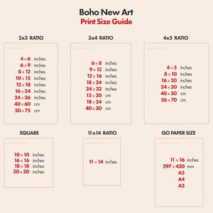 May include: A chart showing different print size ratios for art prints, including 2x3, 3x4, 4x5, square, 11x14, and ISO paper sizes. The chart lists the dimensions in inches and centimeters.