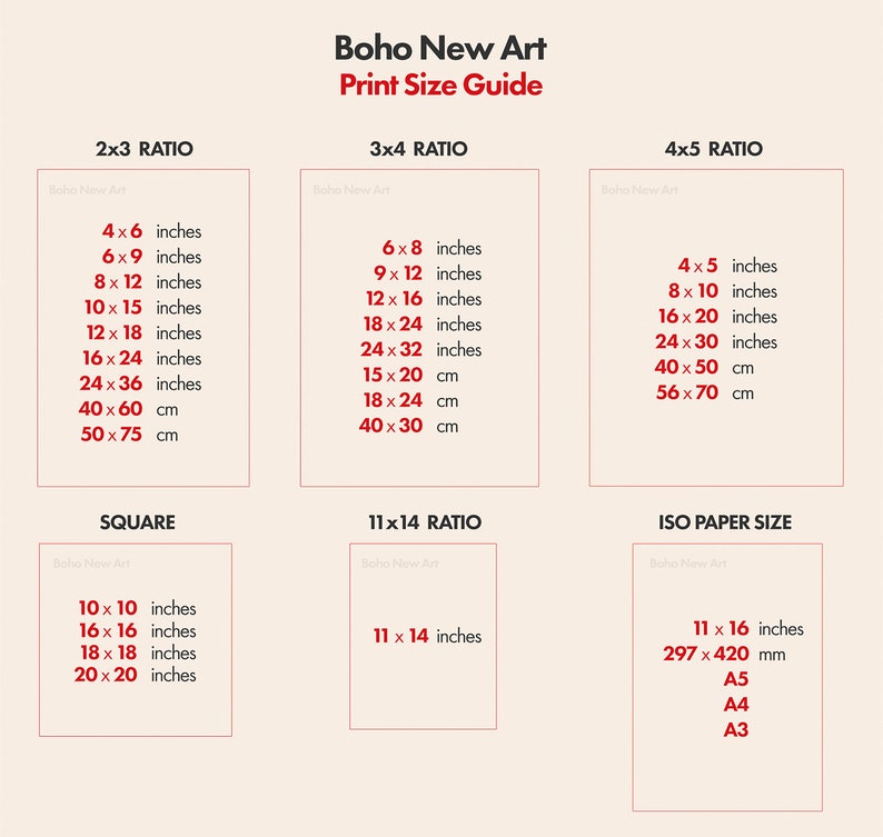 May include: A chart showing different print size ratios for art prints, including 2x3, 3x4, 4x5, square, 11x14, and ISO paper sizes. The chart lists the dimensions in inches and centimeters.