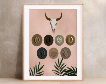 Western Boho Cowboy Hats, Western Wall art, Buffalo Skull Art & Cowboy Digital Printable, Digital Poster, Buffalo Skull Print Decor.
