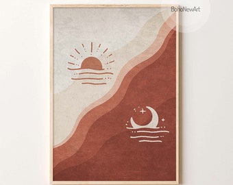 Boho Słońce i Księżyc Ilustracja Wydruk Mid Century Modern Home Artwork Neutralny Boho Wystrój Salonu
