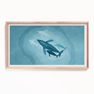 Könnte beinhalten: Ein Aquarellbild einer Gruppe von Walen, die in einem blauen Ozean schwimmen. Die Wale sind alle unterschiedlich groß und schwimmen im Kreis. Das Wasser ist hellblau und es gibt weiße Wolken am Himmel.