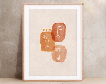 Faces modern line art Printable wall art Abstract faces Print Downloadable Orange tone print Line drawing art
