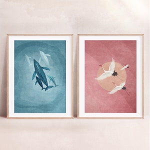 Poster Set Naturleben Szenen, Wal Familie im Ozean, Fliegende Kraniche Boho Sonne, Landschaft Home Dekor, Natur Poster, Digitaler Download