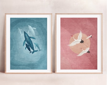 Poster Set Natural Life Scenes, whale family in the ocean, Flying Cranes Boho Sun, Landscape Home Decor, Nature Poster, Digital Download