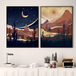 Day and Night Western Desert Landscape Print. Cactus Wall Art. Set of 2 Boho Sun and Moon Abstract Prints, Landscape Dessert Poster