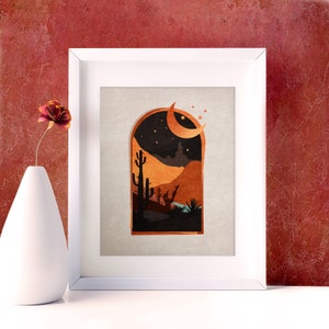 Western Boho Desert Landscape Print. Moon Poster Cactus Wall Art. Mid Century Desert Print, Southwestern Decor, Desert Art, Mountain Print.