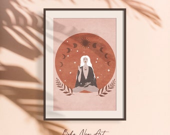 Healer Goddess, Mystical Meditation, Yoga Woman Art, Boho Girl Print, Mystical, Moon Phases Celestial Modern Wall Decor