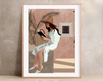 May include: A woman wearing a straw hat and a white dress sits on a ledge, reading a book. The background is a pink wall with a potted plant and a framed picture.