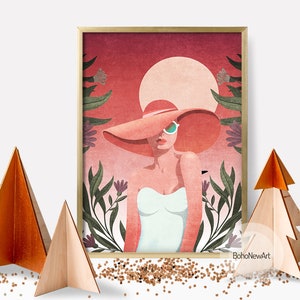 May include: A digital illustration of a woman wearing a large, wide-brimmed pink hat and sunglasses. She is standing in front of a pink and orange sunset with green foliage and flowers.